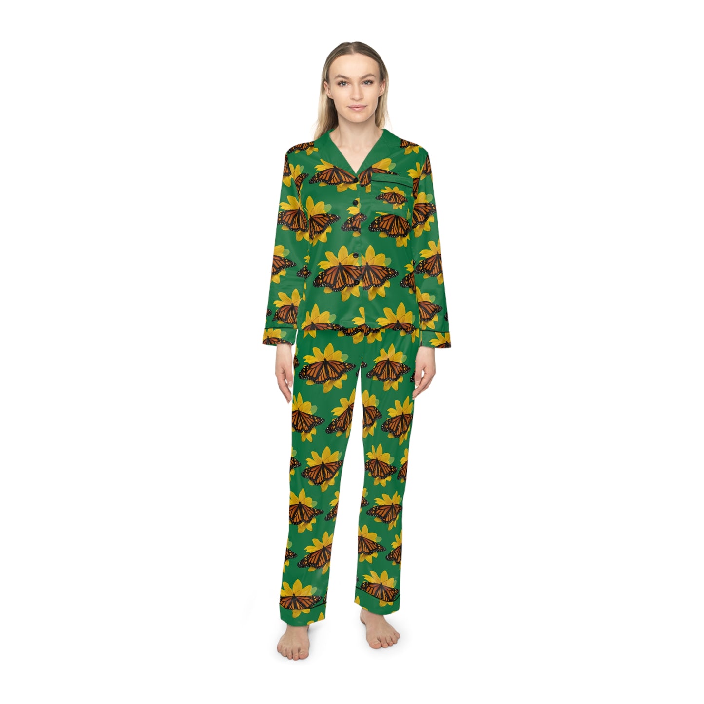 Women's Satin Pajamas--Olivia Dark Green